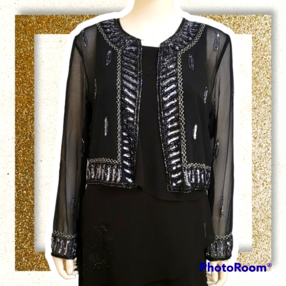 VTG JMD NEW YORK Sheer Sequin Beaded Cropped Evening Party Jacket